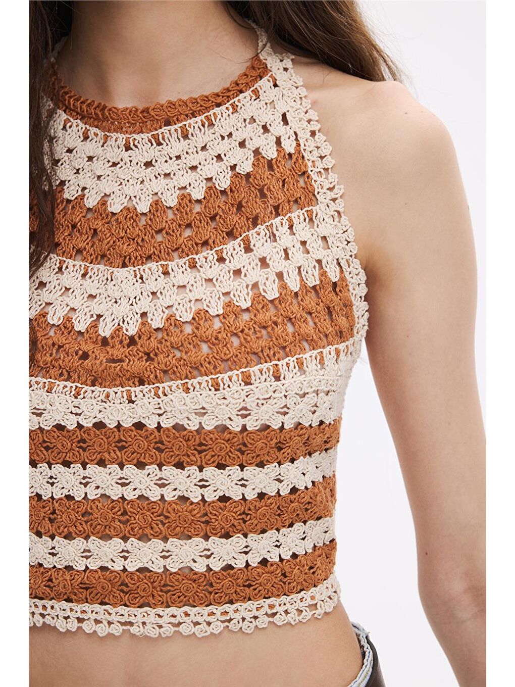 Kahverengi Kiremit Halter Yakalı Crop-3