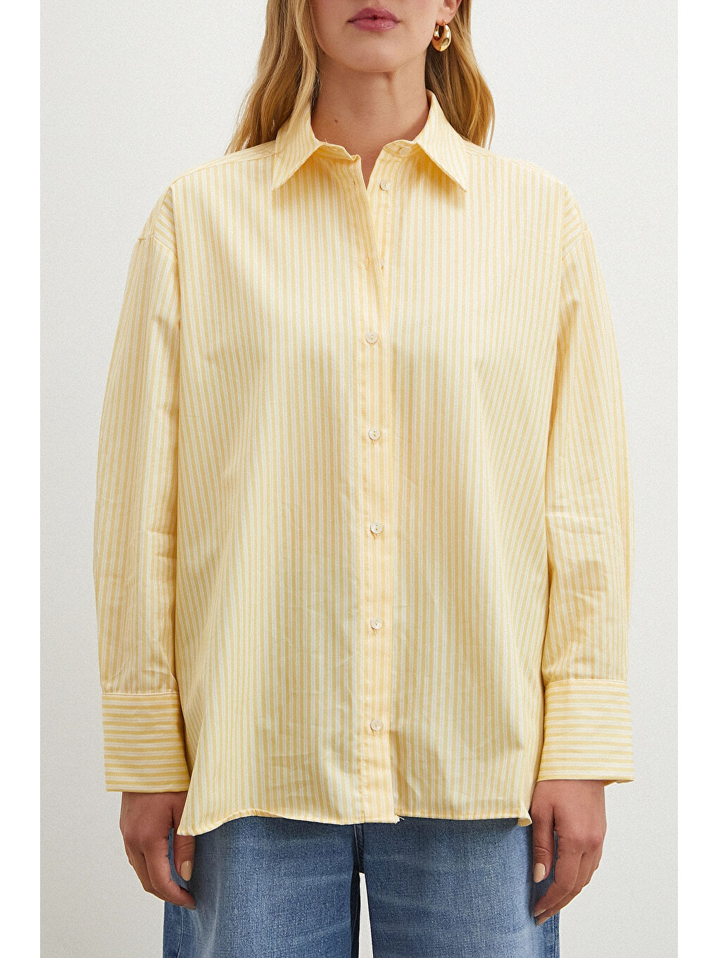 Çizgili Poplin Gömlek Sarı-4
