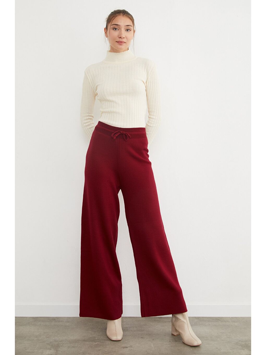 Bordo Beli Lastikli Palazzo Triko Pantolon-3