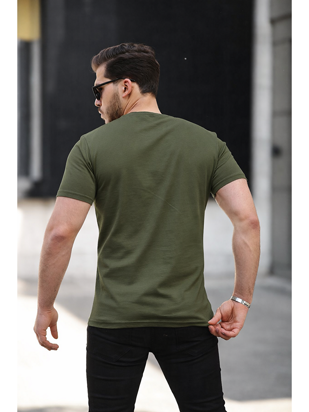 Erkek Basic Bisiklet Yaka Kısa Kollu Dar Haki Tişört-2