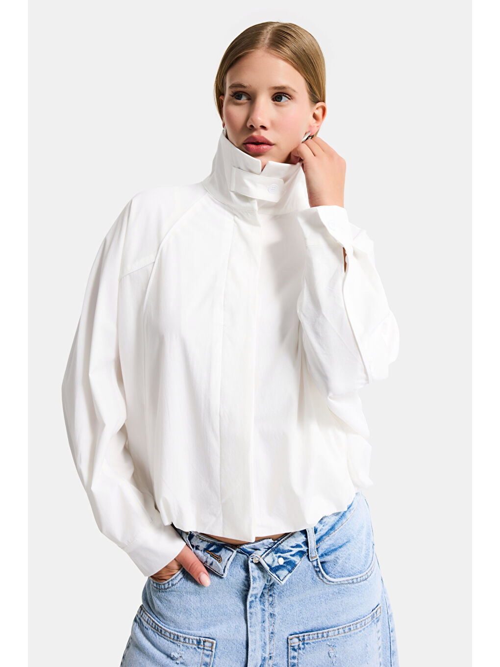 kadın Beyaz Renk w5 Oversize Özel Organik Kumaş Tasarım Gömlek Ceket-5