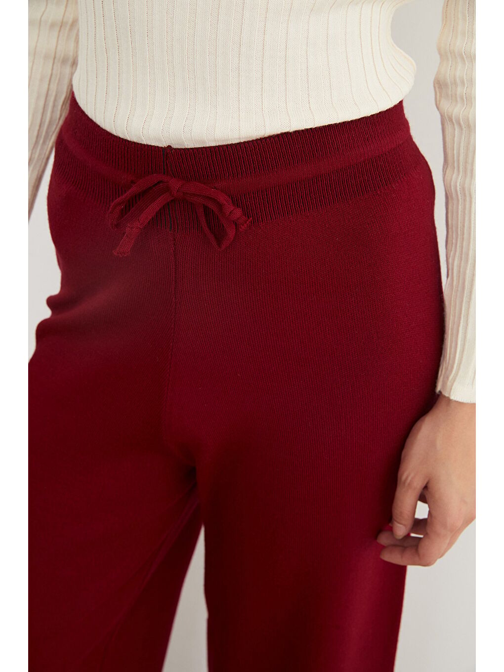 Bordo Beli Lastikli Palazzo Triko Pantolon-4