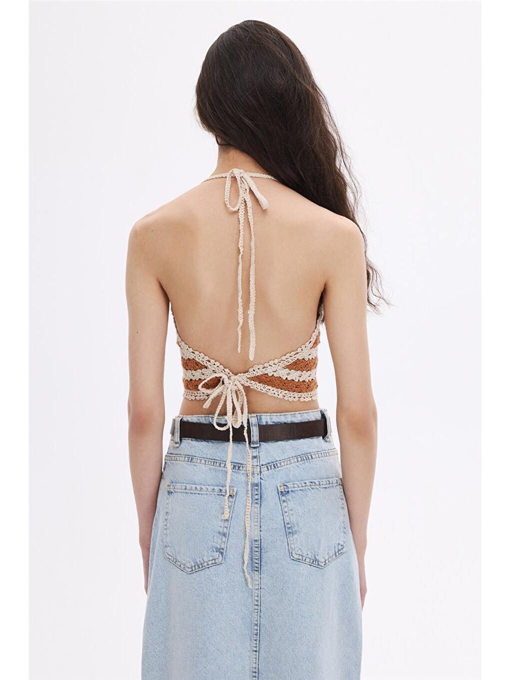 Kahverengi Kiremit Halter Yakalı Crop-4