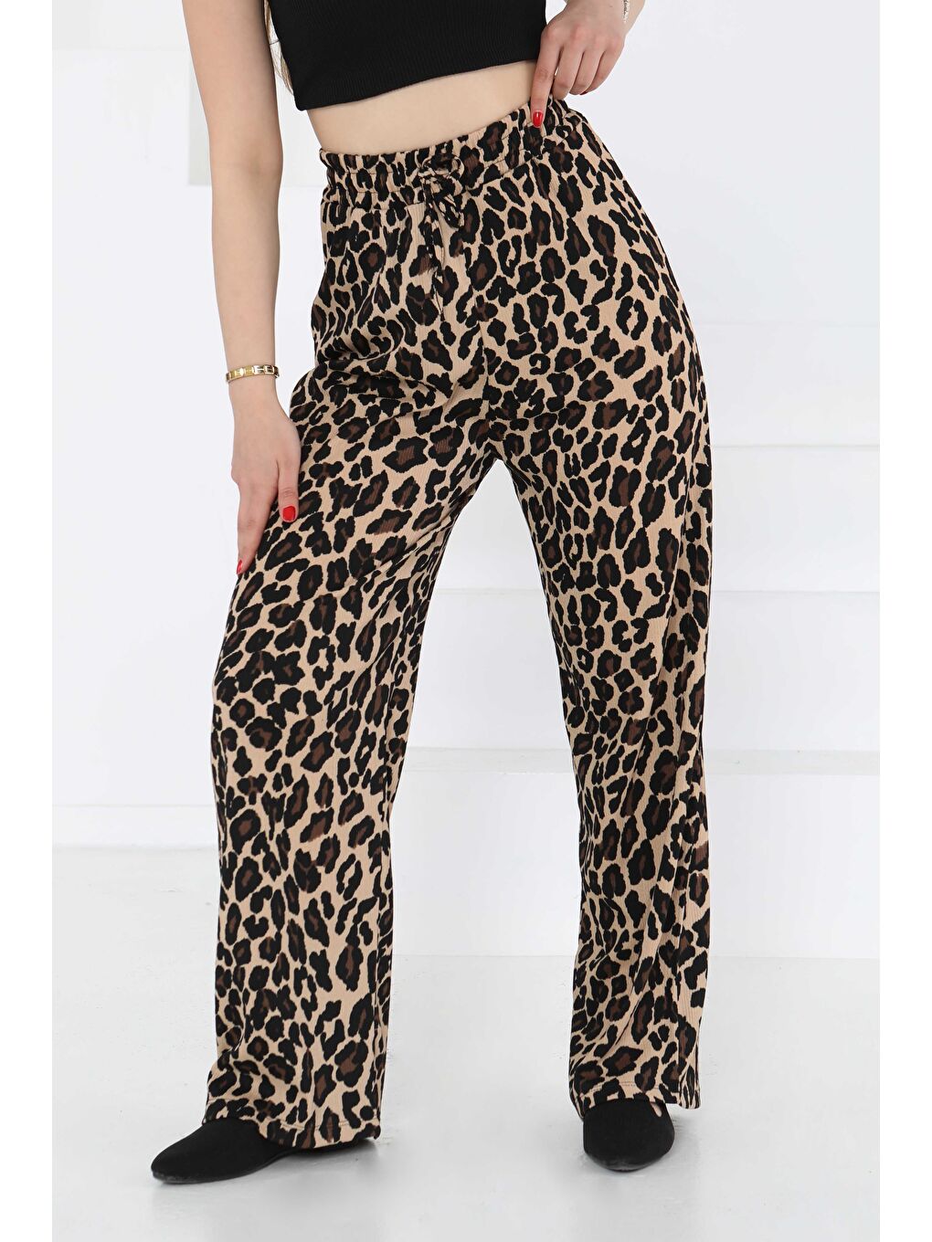Bej Leopar Desenli Lastikli Pantolon Vizon - 27129-1