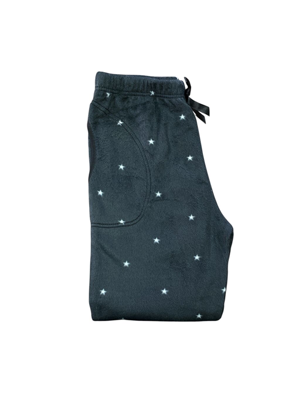 Kadın Beyaz Yıldızlı Siyah Polar Cepli Kışlık Kalın Kaliteli Pijama Altı-1