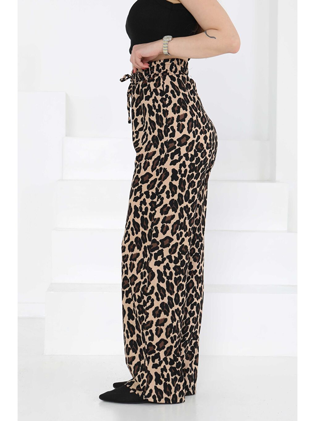 Bej Leopar Desenli Lastikli Pantolon Vizon - 27129-2