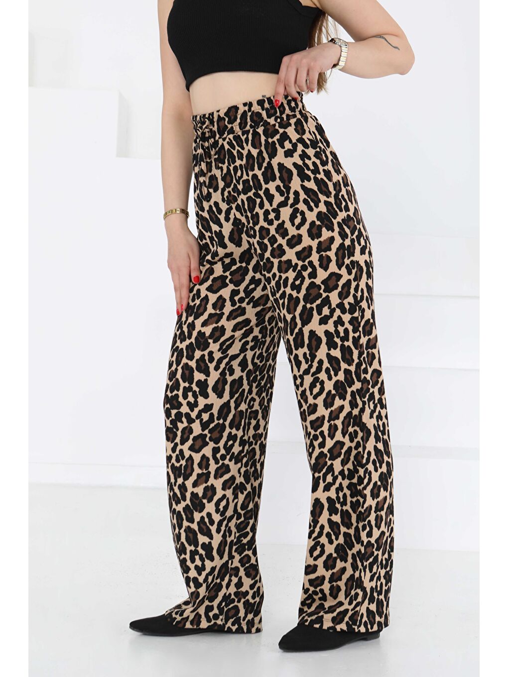 Bej Leopar Desenli Lastikli Pantolon Vizon - 27129-3