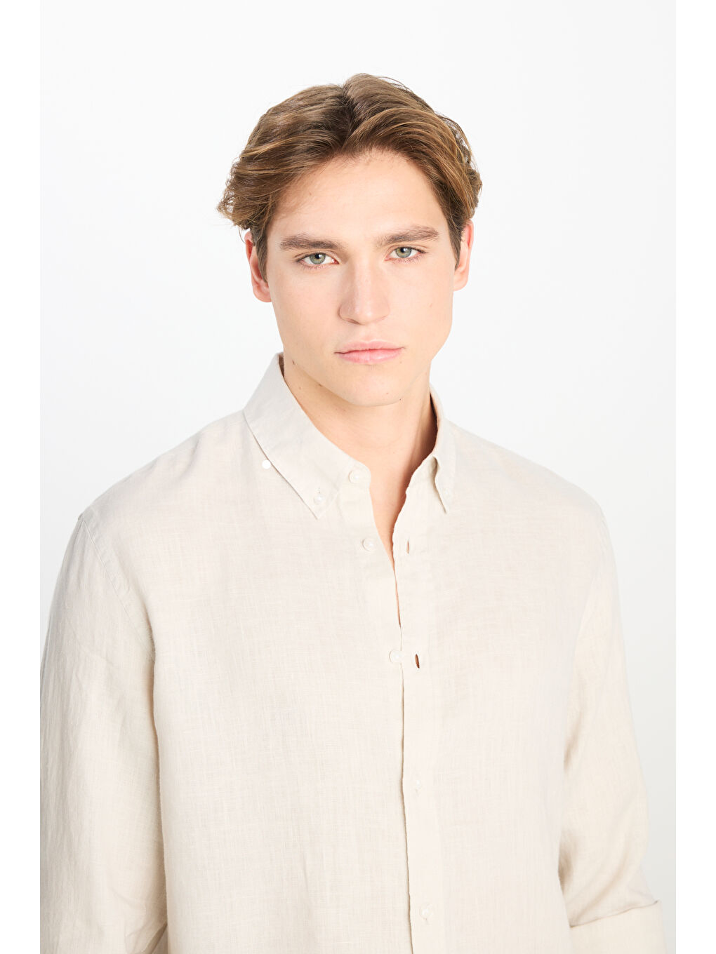 %100 Keten Regular Fit Normal Kesim Bej Gömlek-3