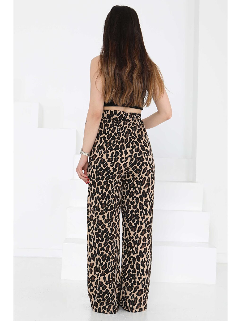 Bej Leopar Desenli Lastikli Pantolon Vizon - 27129-4
