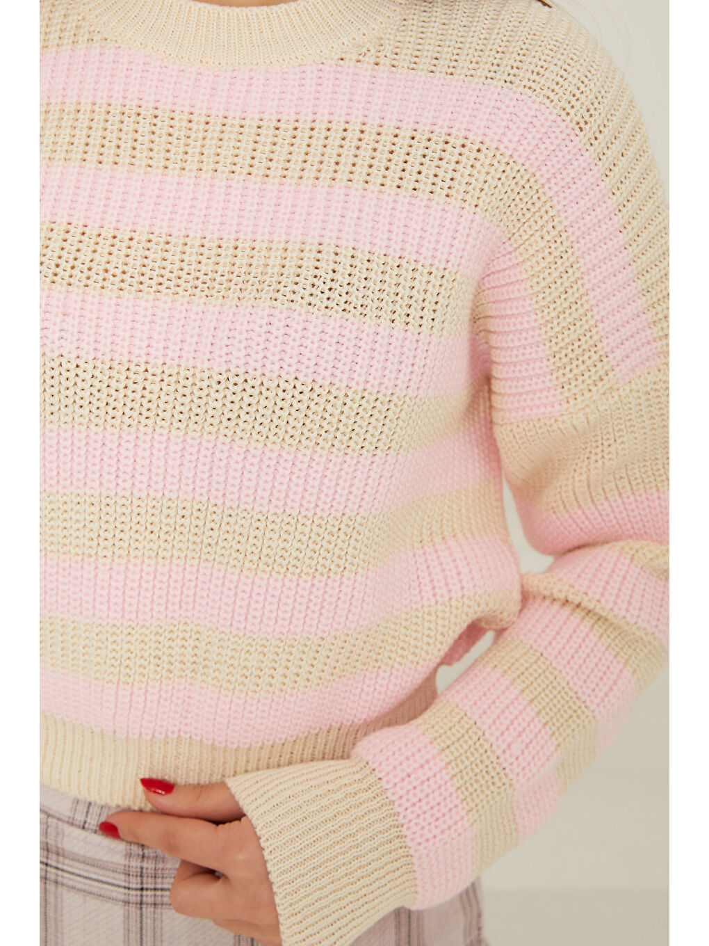 Pembe Çizgili Triko Crop şekerpembe - 27649-4