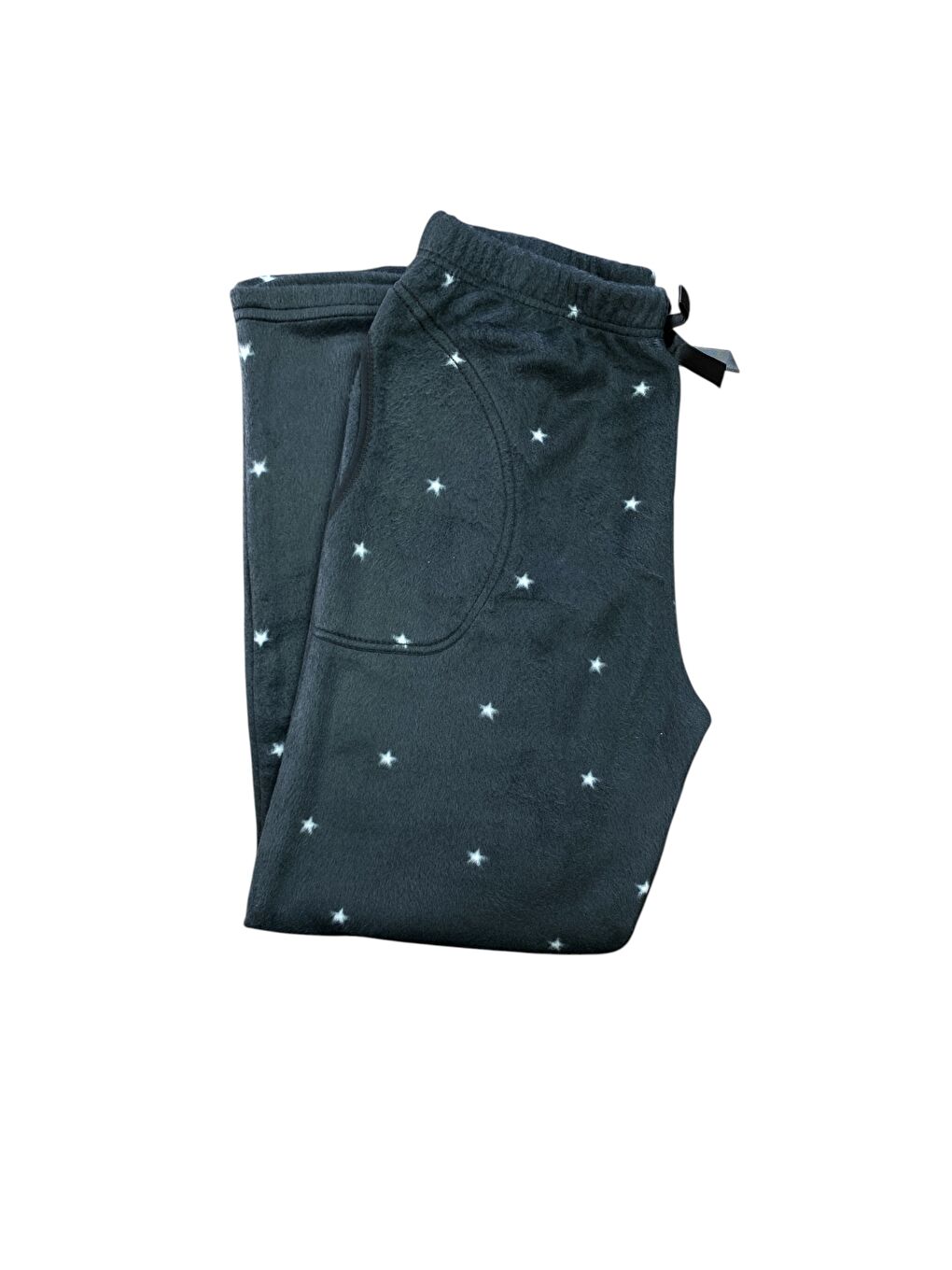 Kadın Beyaz Yıldızlı Siyah Polar Cepli Kışlık Kalın Kaliteli Pijama Altı-2