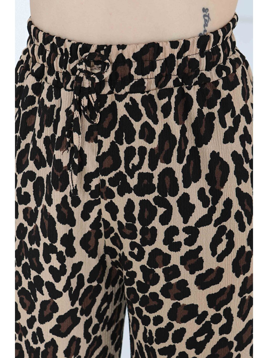 Bej Leopar Desenli Lastikli Pantolon Vizon - 27129-5