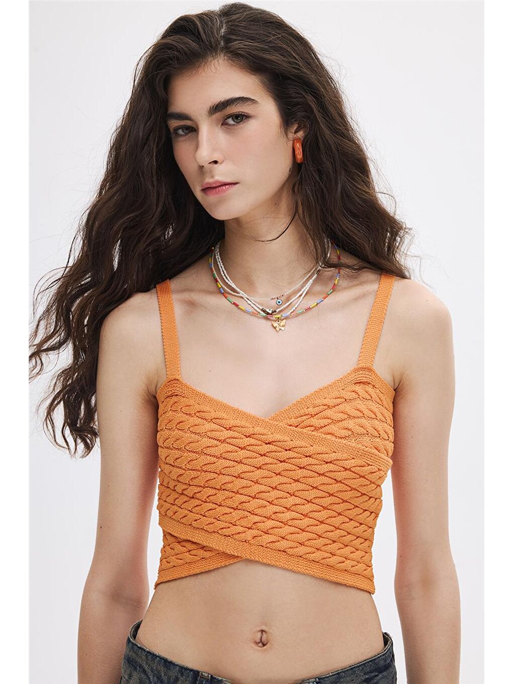 Turuncu Oranj Saç Örgülü Triko Crop Top