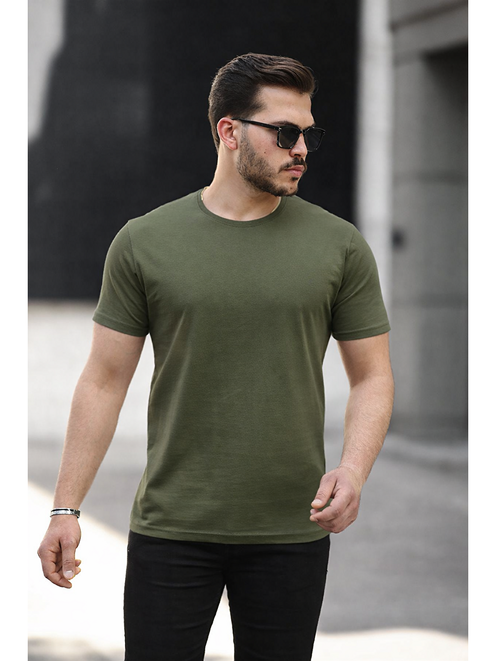 Erkek Basic Bisiklet Yaka Kısa Kollu Dar Haki Tişört-4