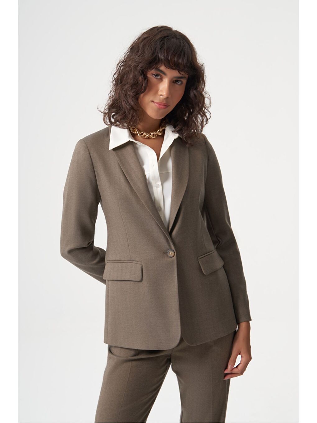 Bej MZL Vizon Rengi Balıksırtı Dokuma Tek Düğme Blazer Ceket