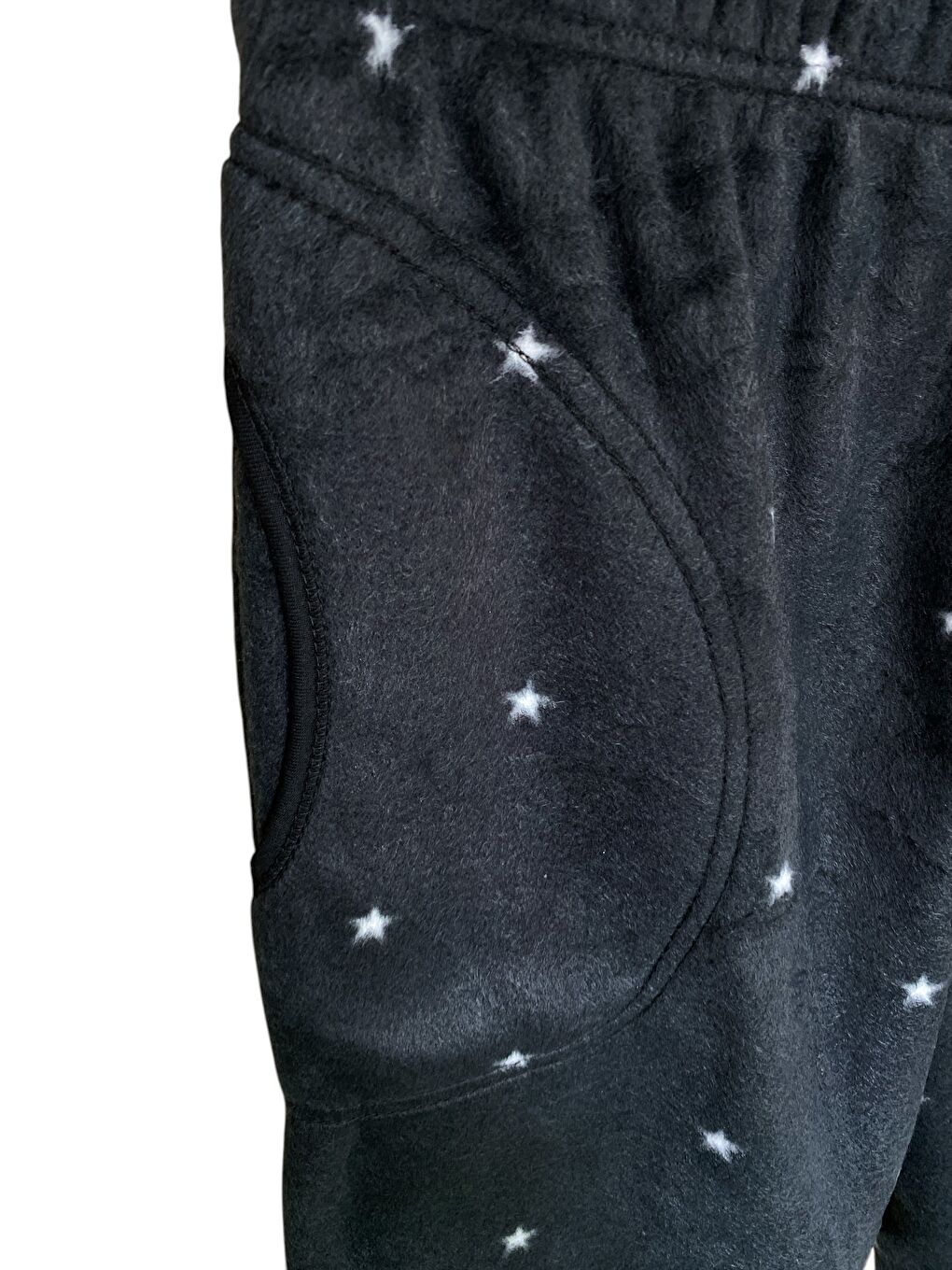 Kadın Beyaz Yıldızlı Siyah Polar Cepli Kışlık Kalın Kaliteli Pijama Altı-3