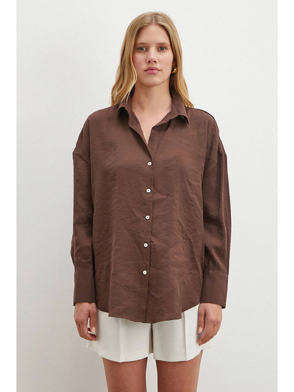 Kahverengi Basic Modal Gömlek Koyu Kahve-1