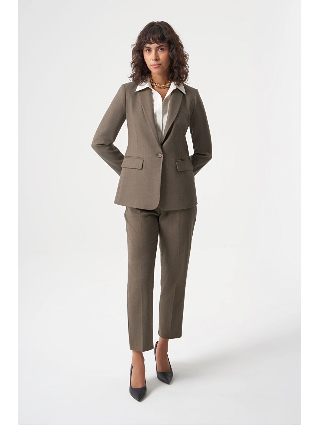 Bej MZL Vizon Rengi Balıksırtı Dokuma Tek Düğme Blazer Ceket-1