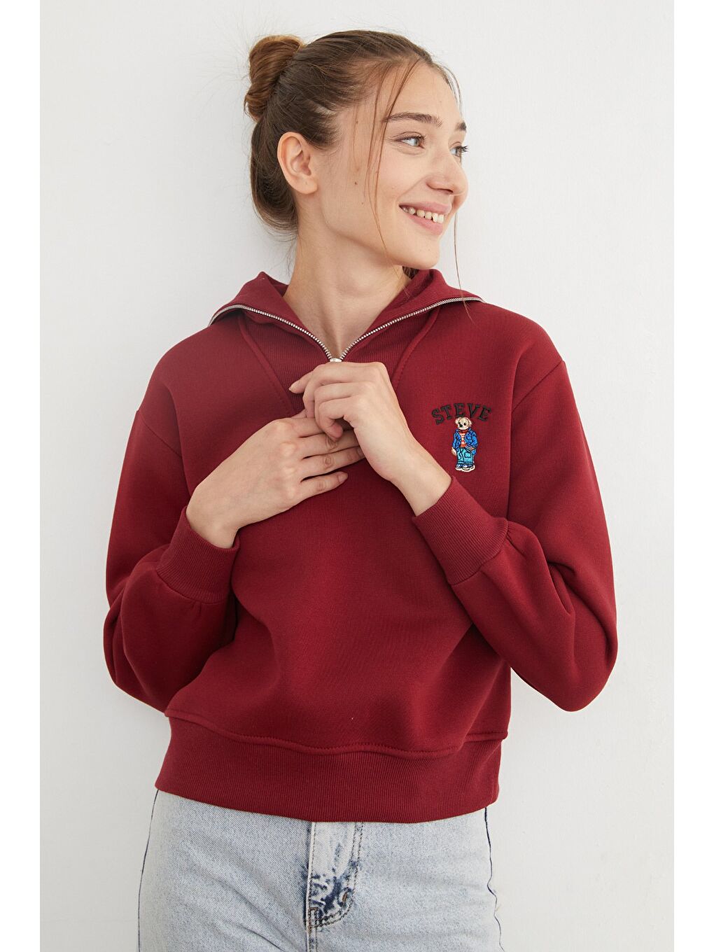 Bordo 3 İplik Ayıcık Nakışlı Yarım Fermuarlı Sweatshirt