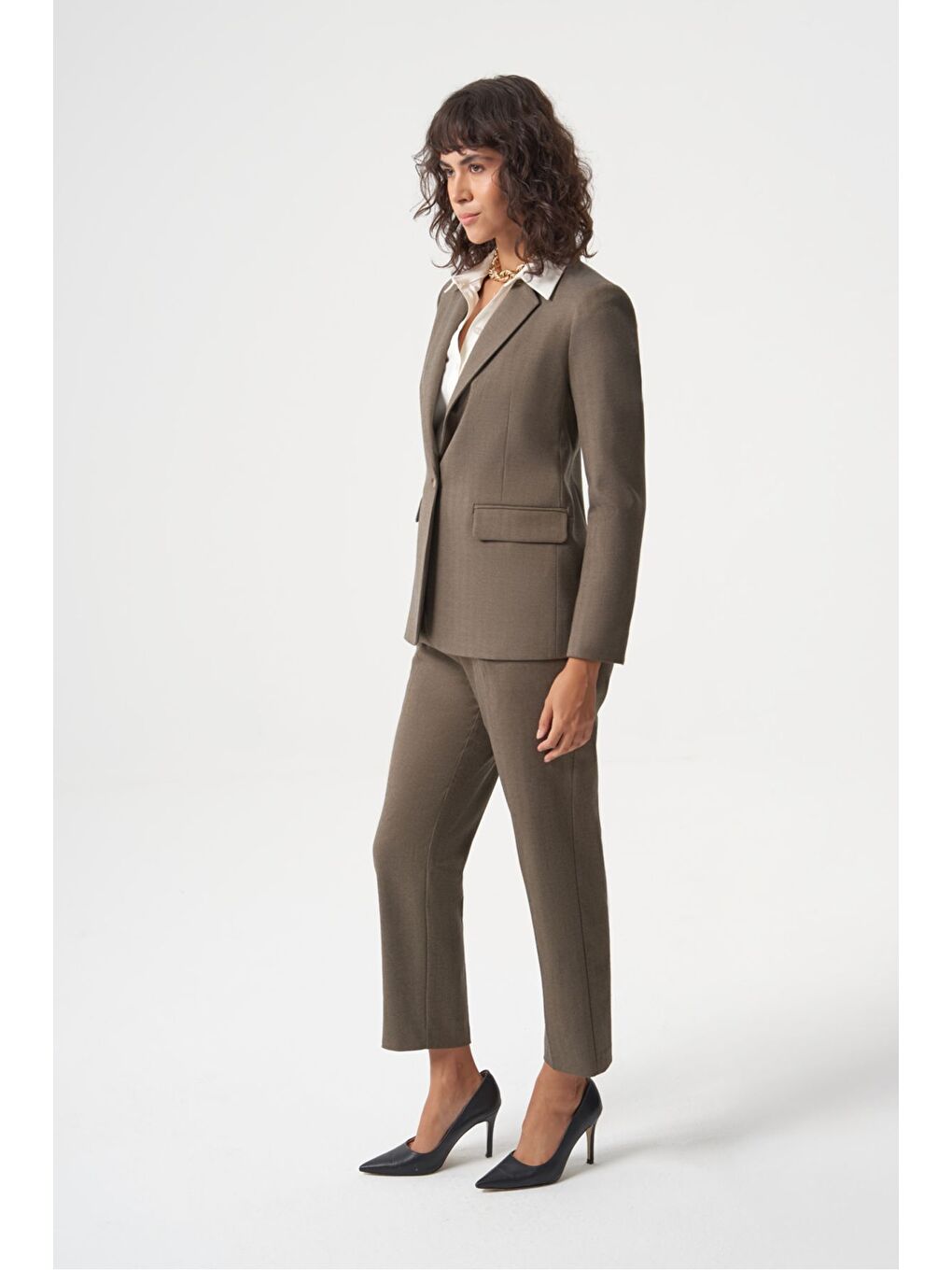 Bej MZL Vizon Rengi Balıksırtı Dokuma Tek Düğme Blazer Ceket-2