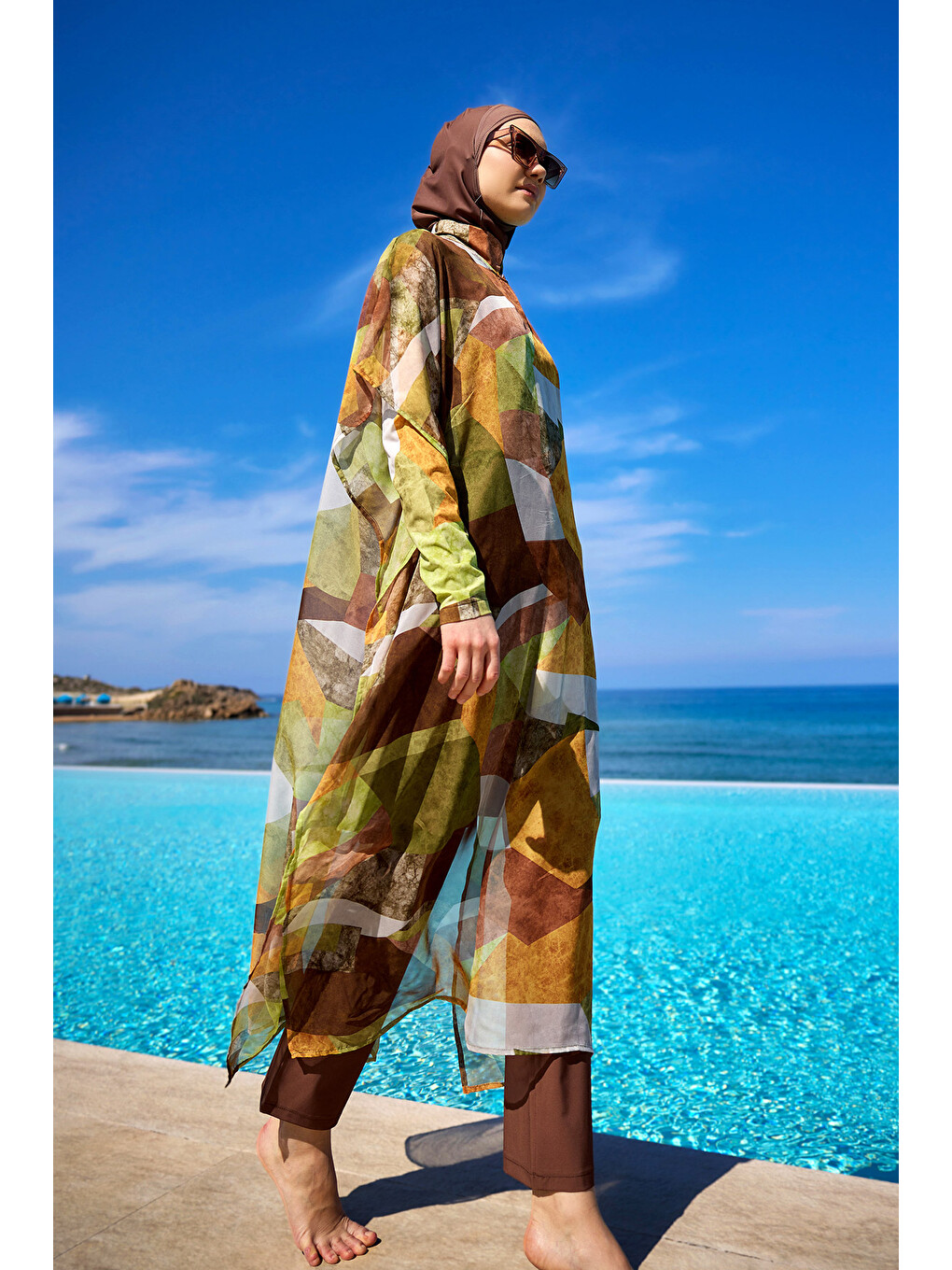 Haki Renkli Desenli İpeksi Kimono Pareo P2513-1-2