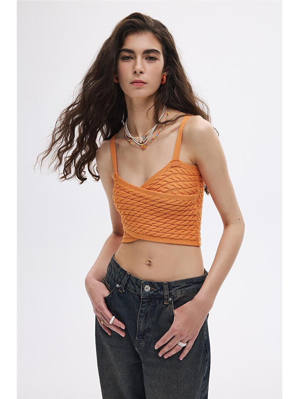 Turuncu Oranj Saç Örgülü Triko Crop Top-1