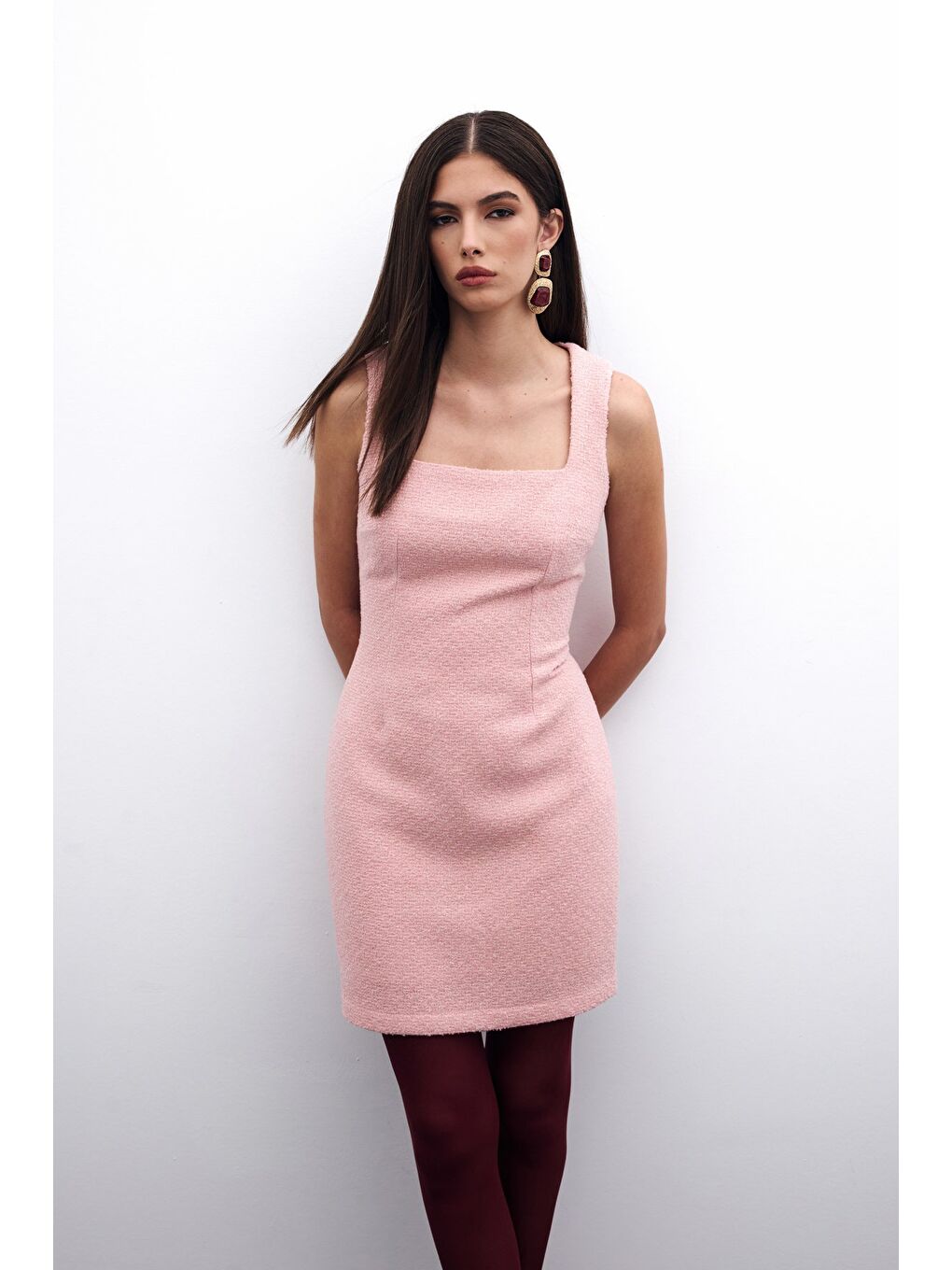 Pembe Mini Tüvit Elbise - Pudra-2