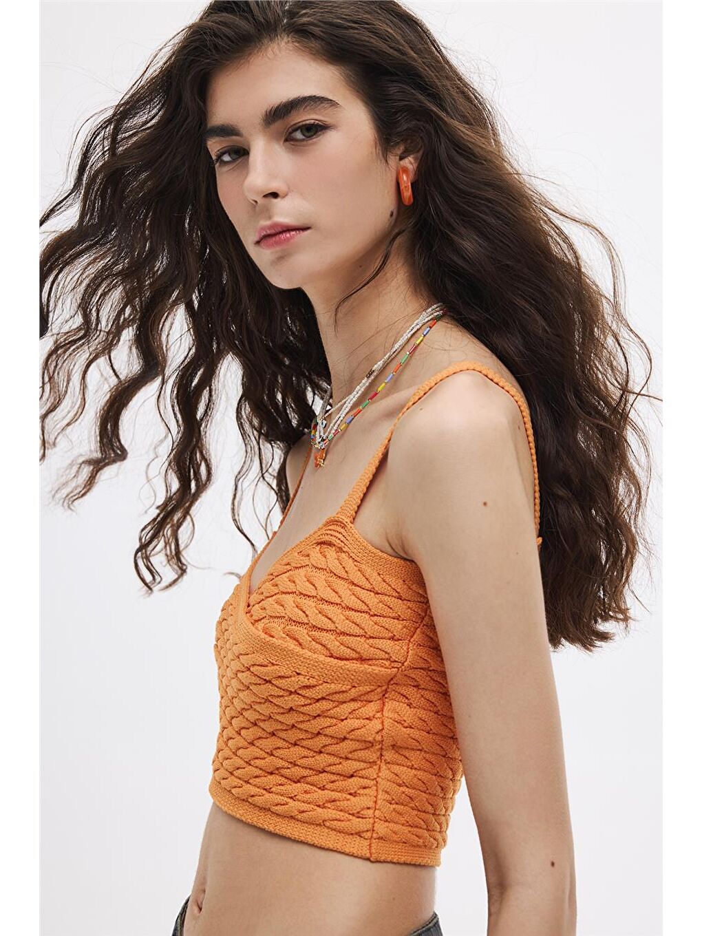 Turuncu Oranj Saç Örgülü Triko Crop Top-2
