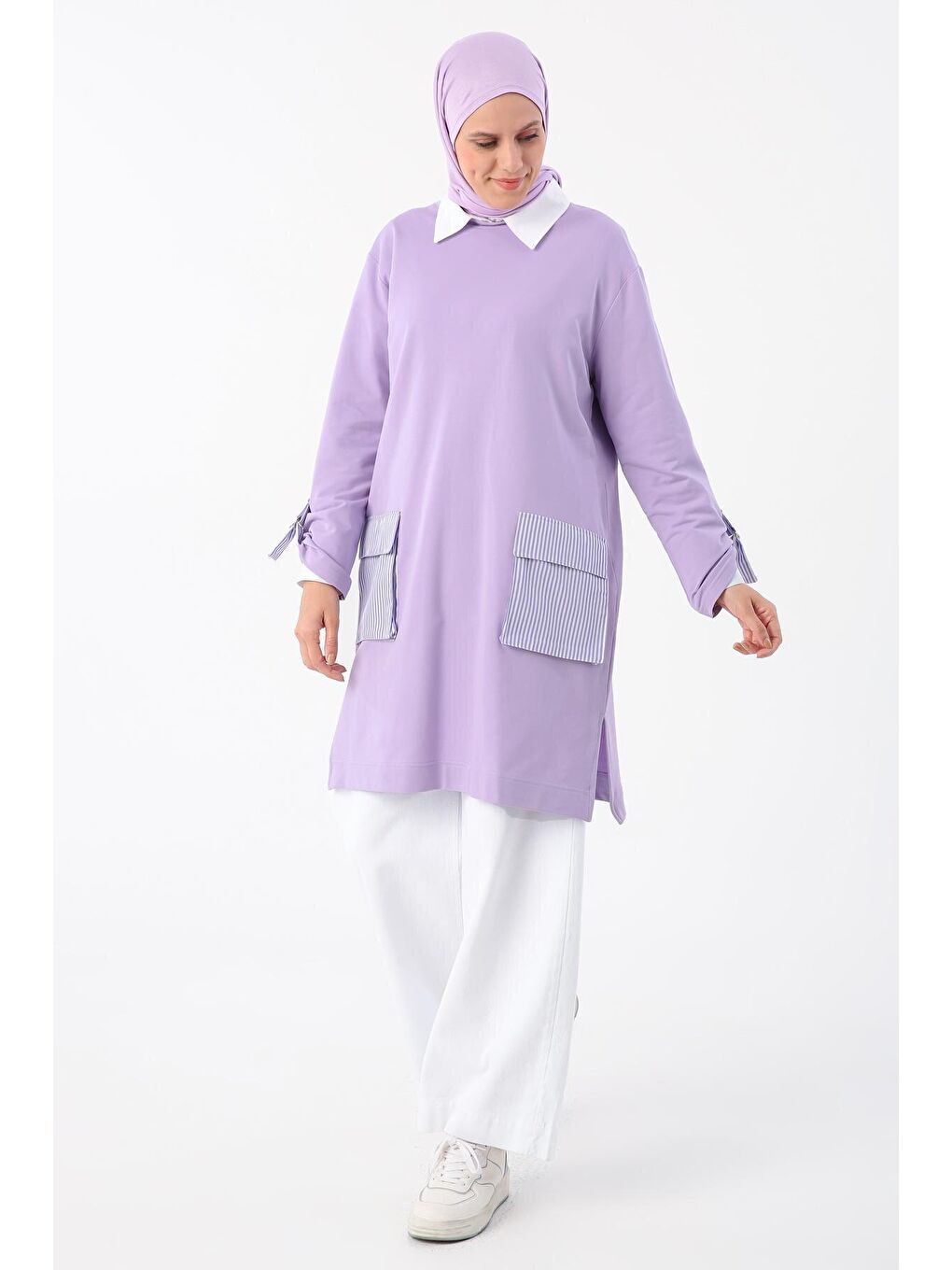 Lila Kolları Apoletli Çizgili Cepli Tunik