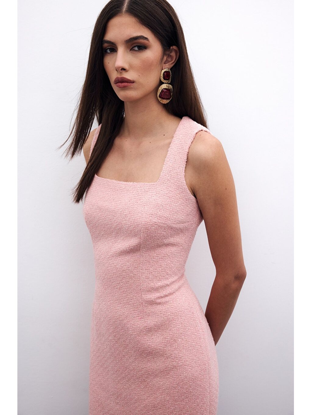 Pembe Mini Tüvit Elbise - Pudra-5