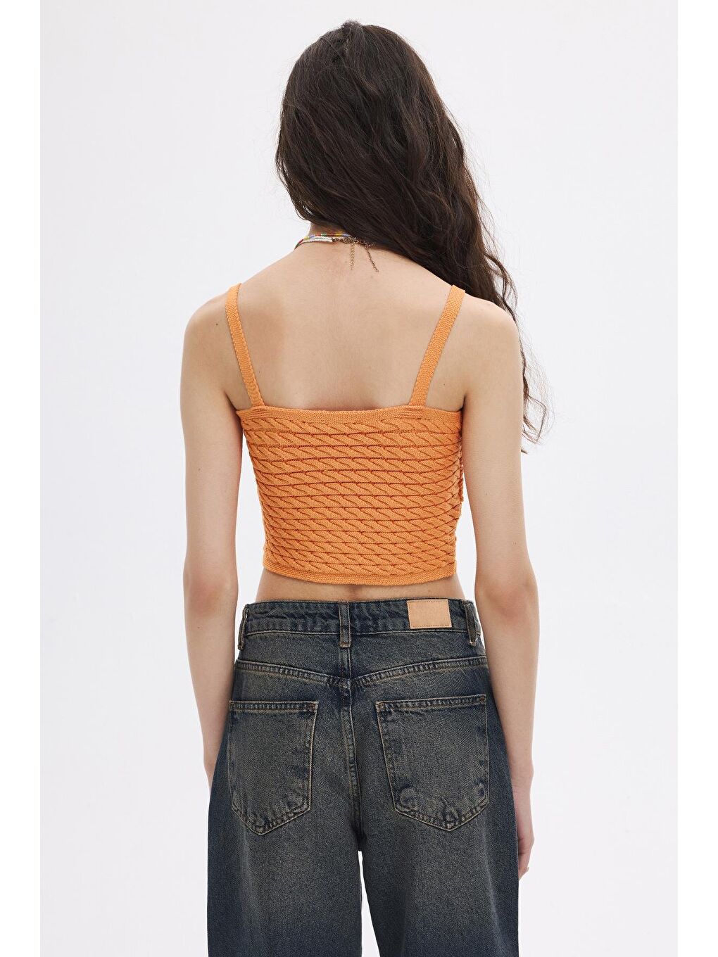 Turuncu Oranj Saç Örgülü Triko Crop Top-4