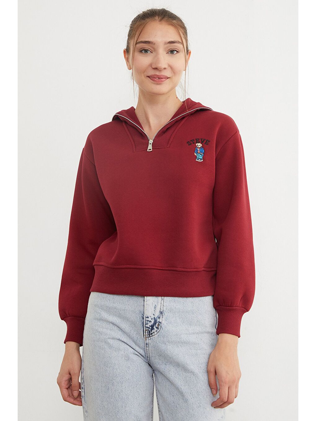 Bordo 3 İplik Ayıcık Nakışlı Yarım Fermuarlı Sweatshirt-1