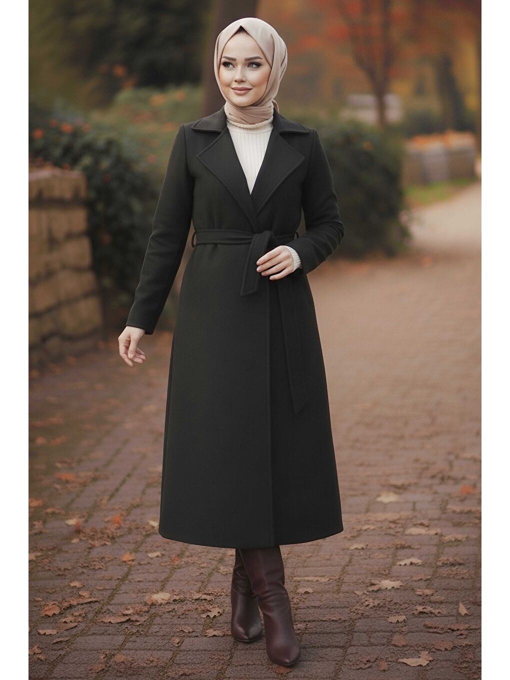 Kuşaklı Kaşe Kaban Siyah - 28009-SIYAH