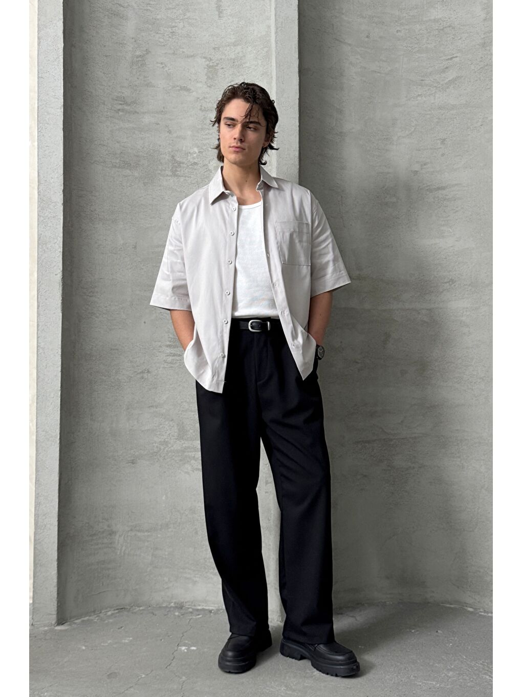 Bej Erkek Oversize Kısa Kol Gabardin Gömlek-7