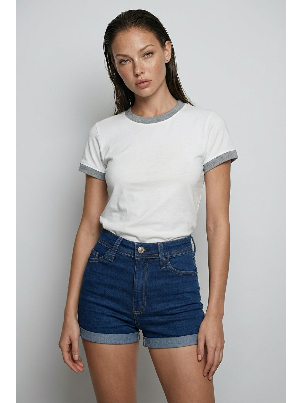 Beyaz Bisiklet Yaka Çift Renkli Basic Tişört Mg2682