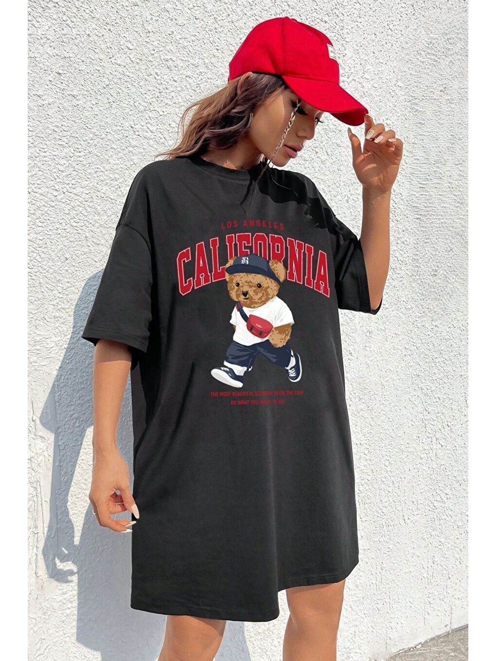 Pamuk Penye 94cm Siyah California Baskılı Elbise