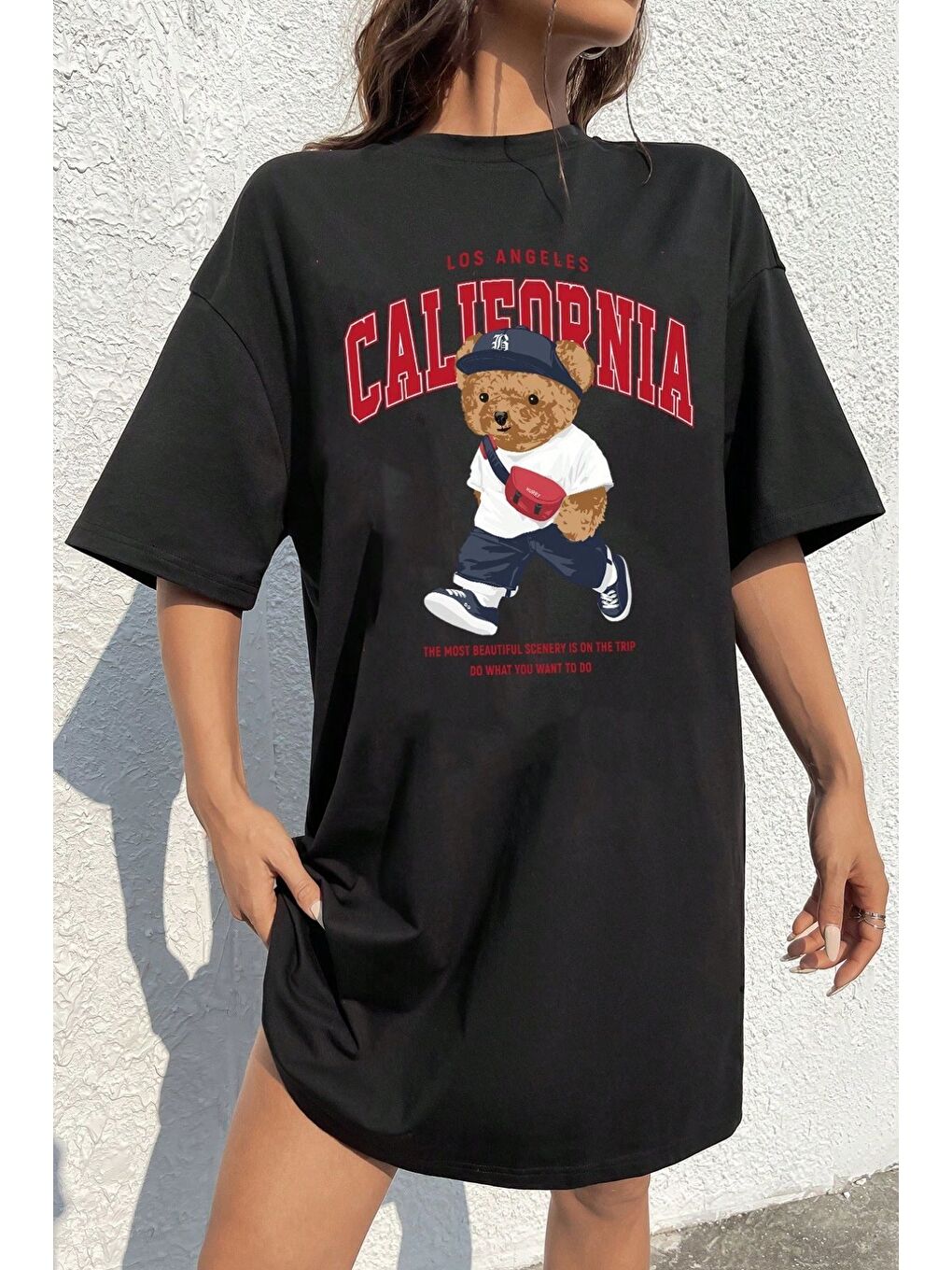 Pamuk Penye 94cm Siyah California Baskılı Elbise-1