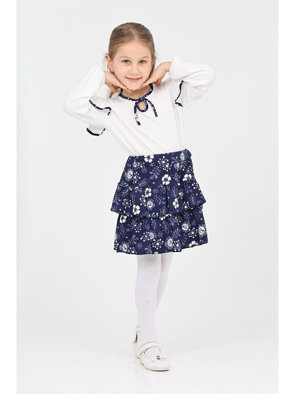 Lacivert Kız Çocuk Bürümcük Etekli ve Bluzlu 2li Elbise (Etek+Bluz) 12189