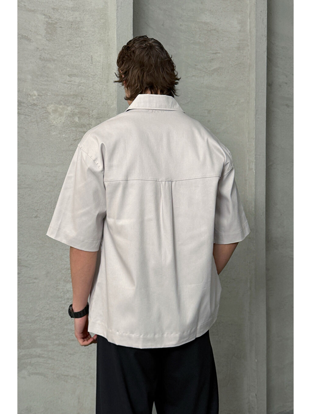 Bej Erkek Oversize Kısa Kol Gabardin Gömlek-8