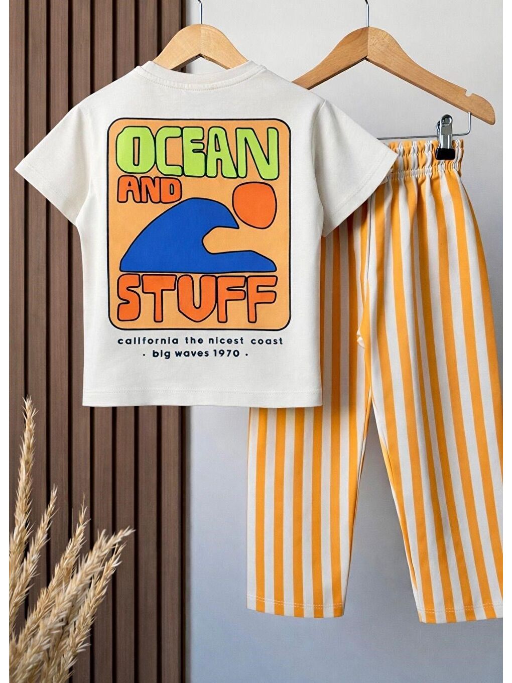 Karışık Erkek Çocuk Pamuklu Ocean Baskılı T-Shirt Çizgili Eşofman Takım-1