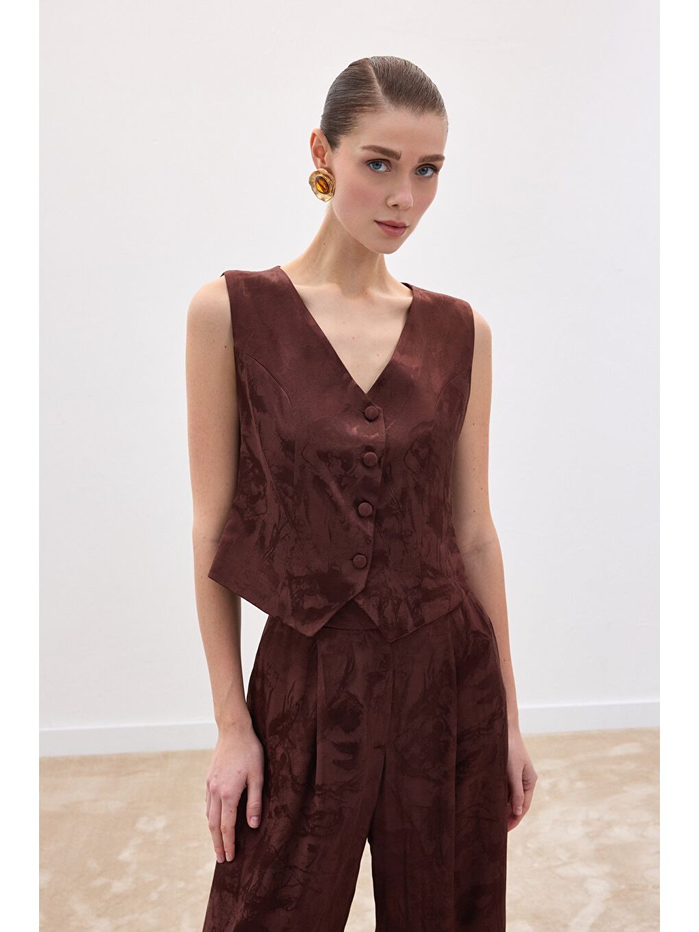 Kahverengi Jakarlı Yelek - Kahve-1