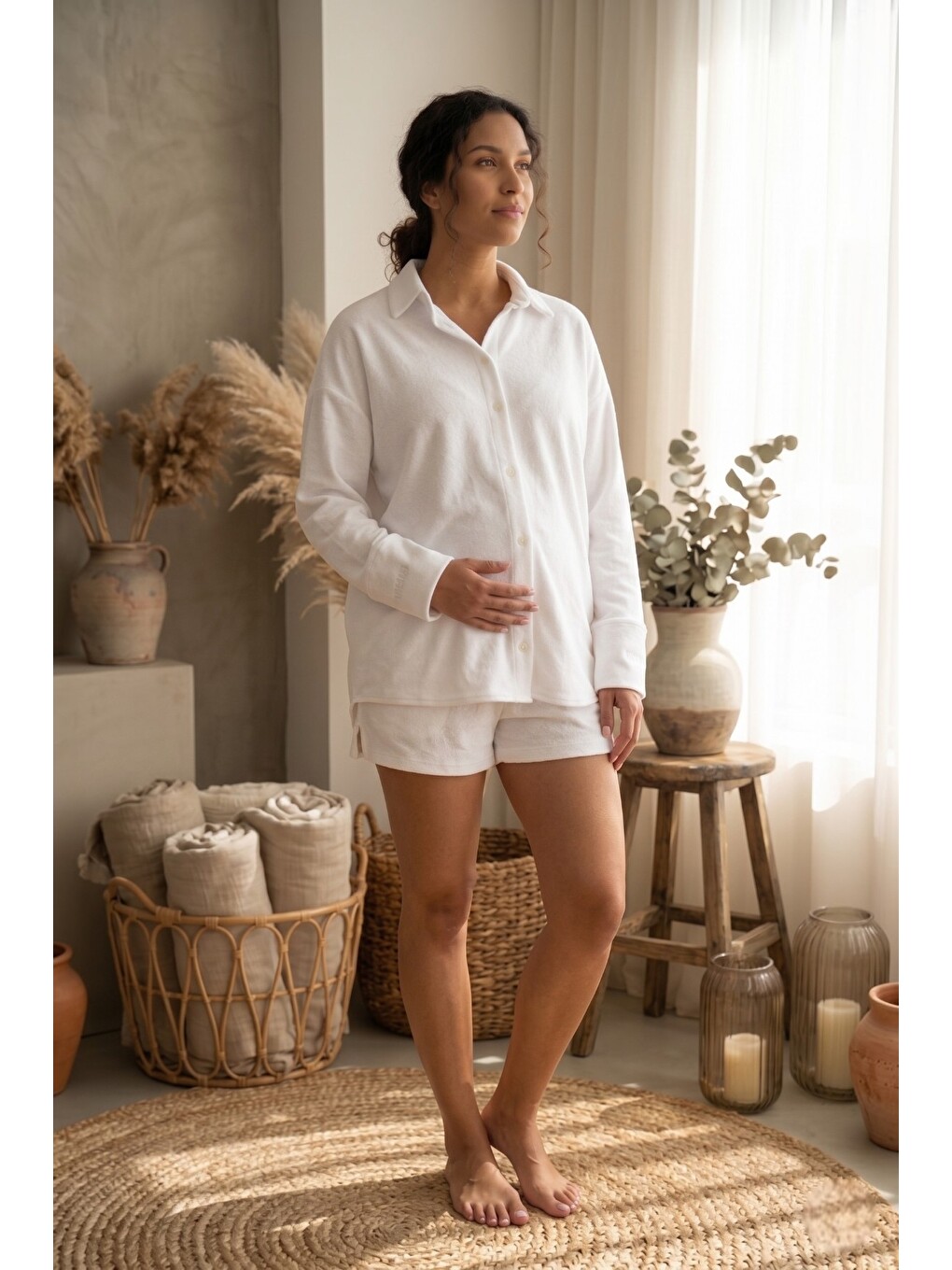 Beyaz HAWAII Oversize %100 Pamuk Havlu Kumaş Hamile ve Lohusa Gömlek-5