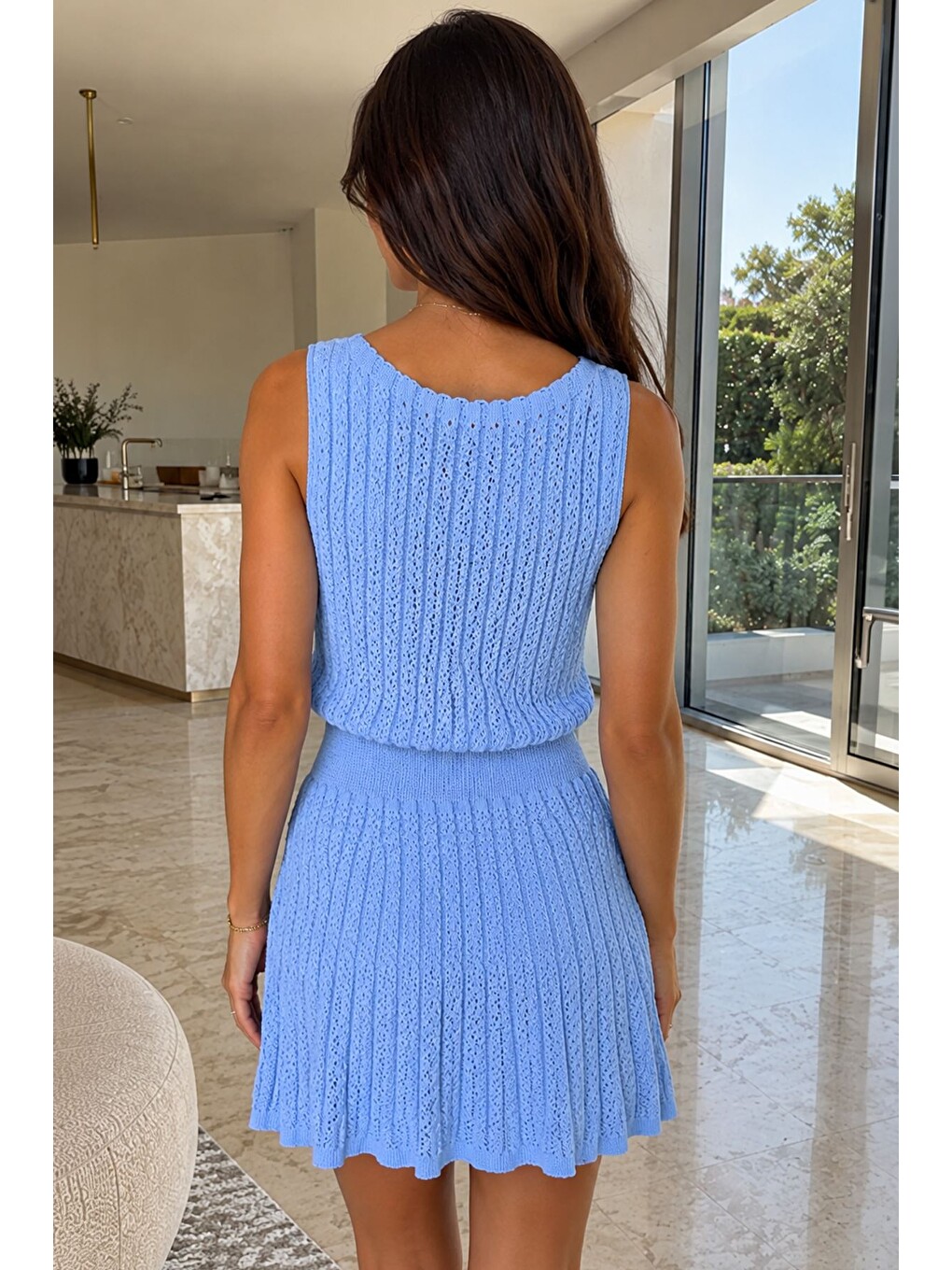 Mavi Kadın İç Astarlı Ajurlu Mini Triko Elbise-3