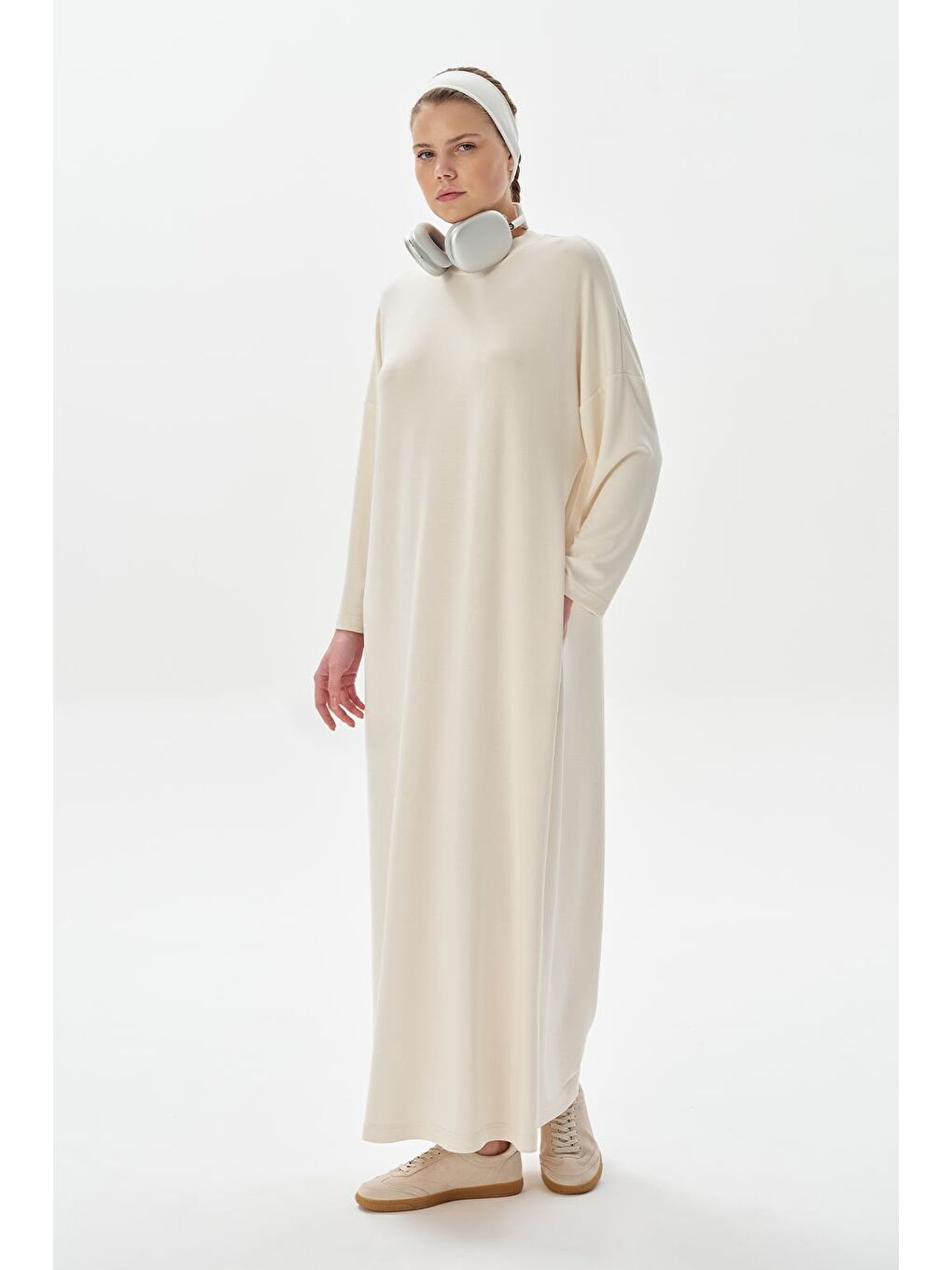 Modal Örme Uzun Basic Elbise Ekru-1