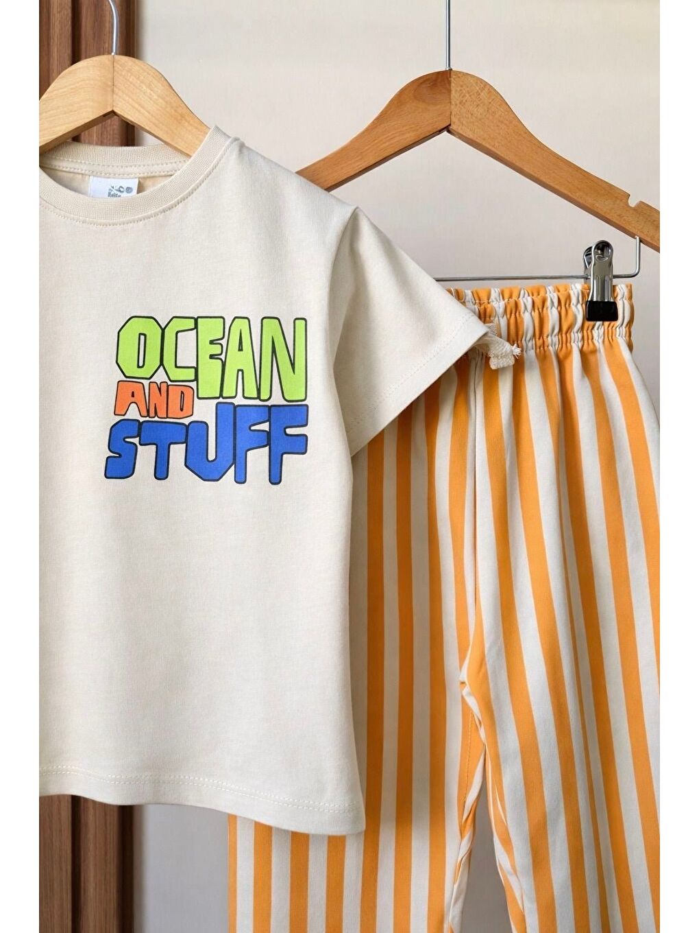 Karışık Erkek Çocuk Pamuklu Ocean Baskılı T-Shirt Çizgili Eşofman Takım-2