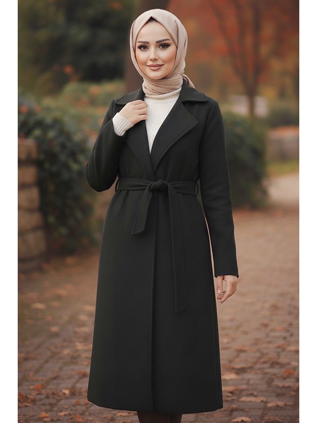 Kuşaklı Kaşe Kaban Siyah - 28009-SIYAH-1