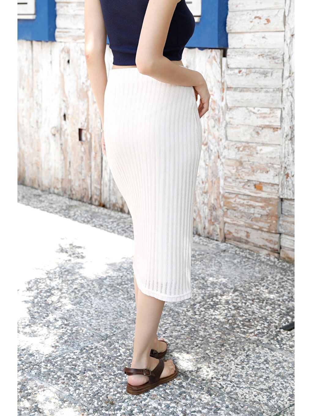 Ekru Beli Lastikli Triko Etek-3
