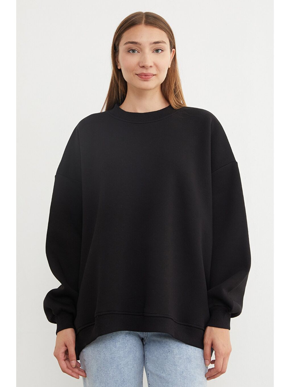 Siyah 3 İplik Basic Oversize Sweatshirt