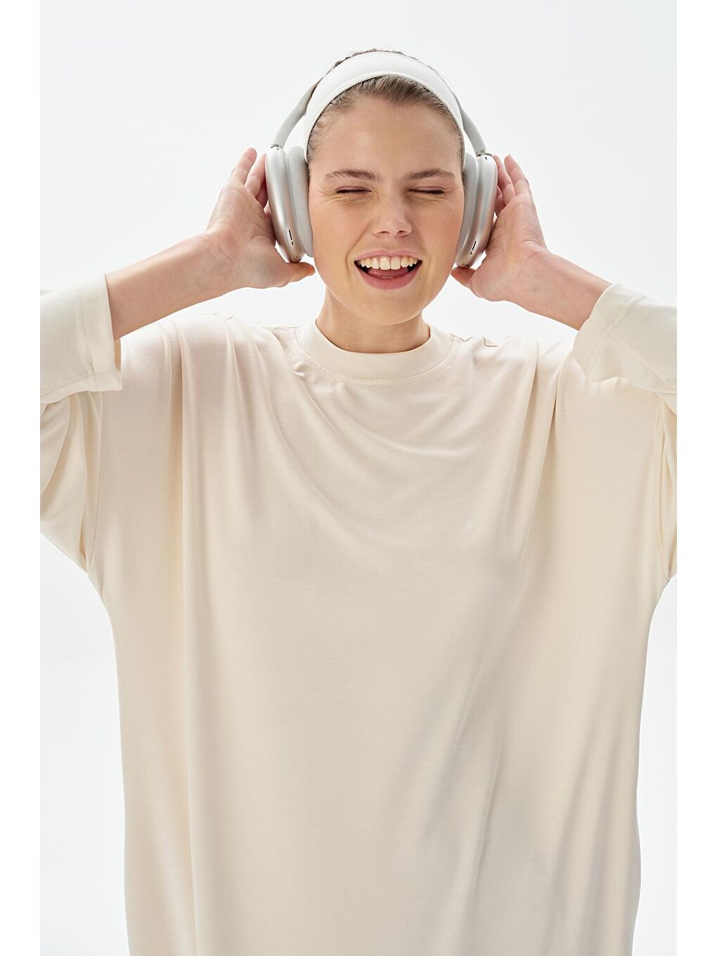 Modal Örme Uzun Basic Elbise Ekru-2