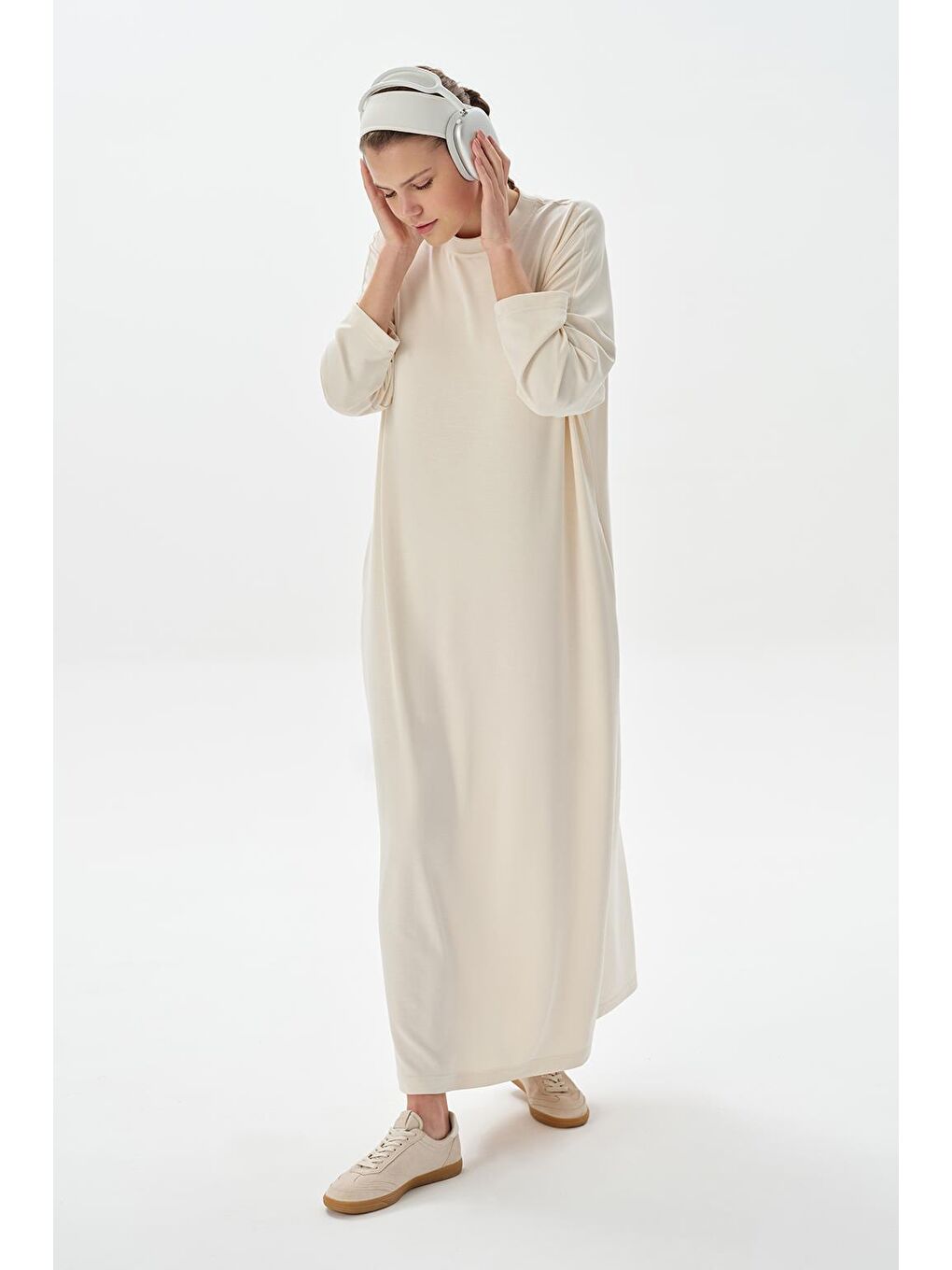 Modal Örme Uzun Basic Elbise Ekru-3